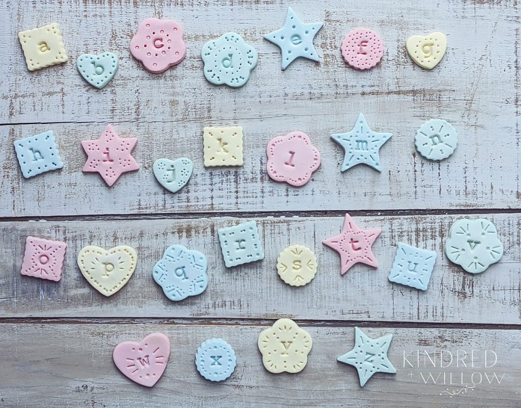 Easy to make using air dry clay, letter stamps and a sharpie. Make